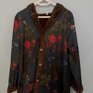 Women’s 2XL Floral Hooded Coat – Fleece Lined Button Front Winter Jacket